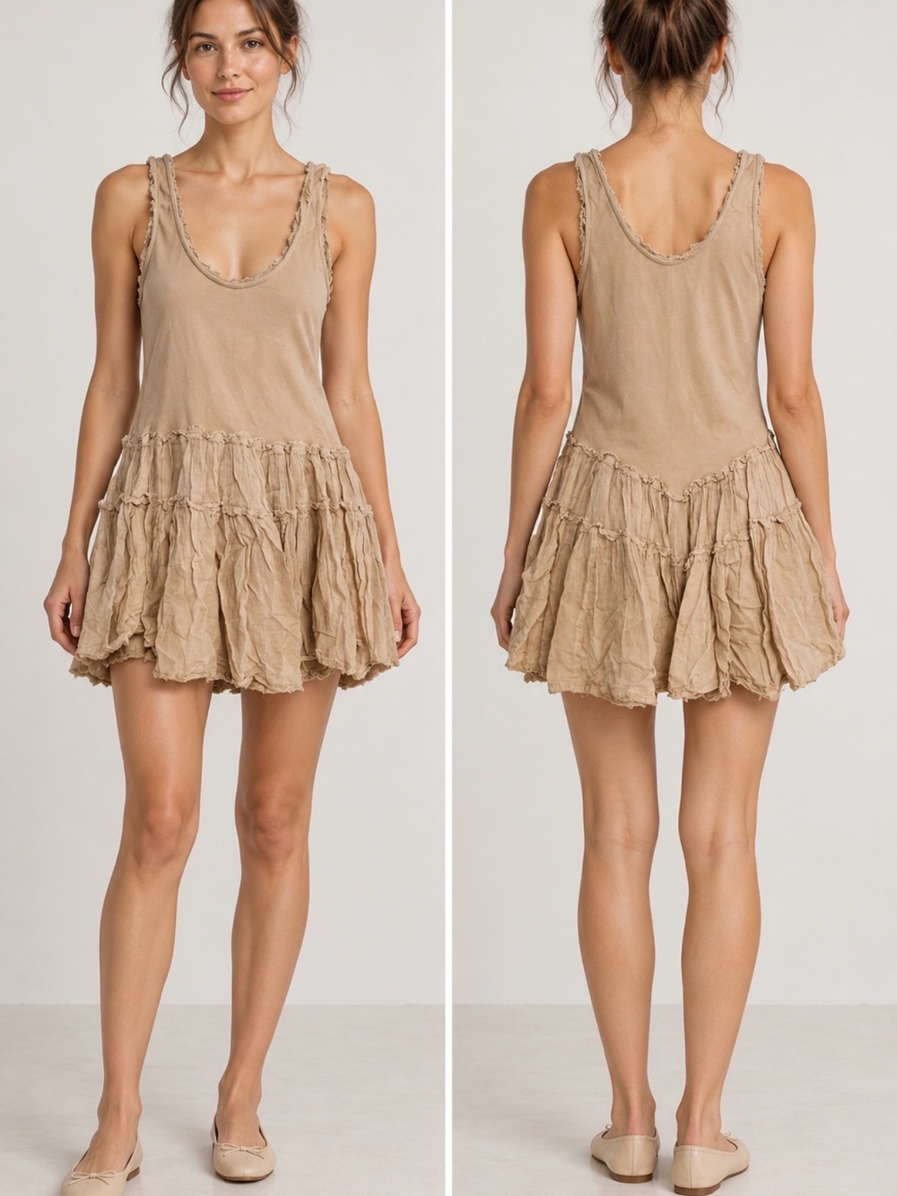 Free People Washed Tan Tiered Ruffle Tank Dress